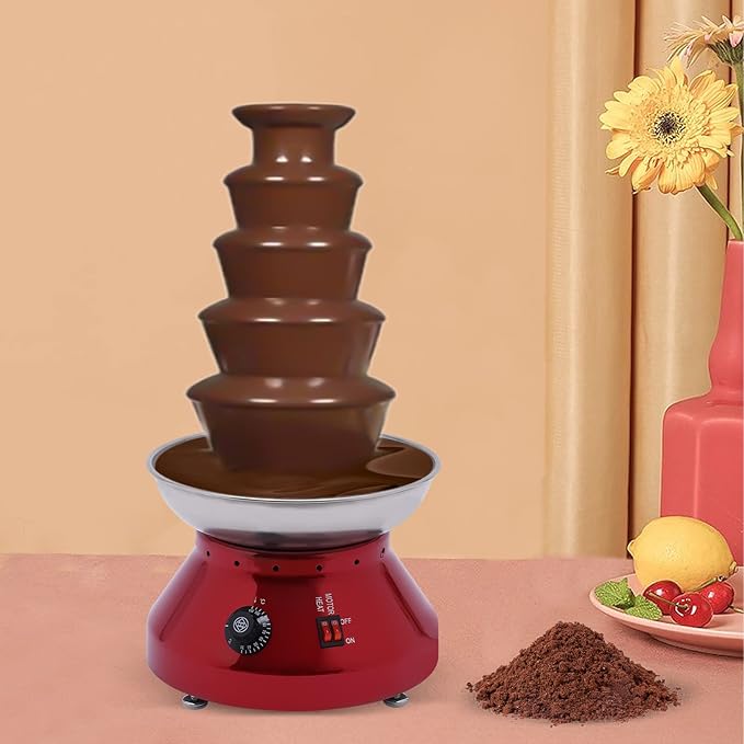 Commercial Chocolate Fountain 5 Tiers Hot Chocolate Fondue Tower Stainless Steel Hot Chocolate Melting Machine 7 Lbs Fondue Fountain Machine for Cheese Party Wedding Gathering (Vintage Red)