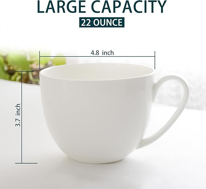 22 OZ White Bone China Soup Mugs with Handles, Large Ceramic Coffee Mugs Set of 2 for Hot Chocolate Cocoa Cereal Salads Yogurt Beverage Milk Latte Cappuccino, Dishwasher Microware Safe