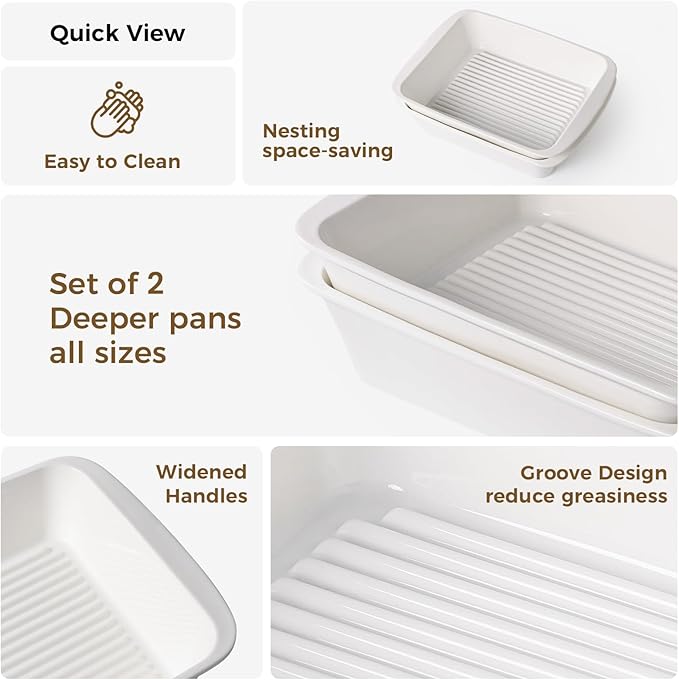 Baking Dish for Oven, 9.3'' x14'' Ceramic Casserole Dish, Lasagna Pan, Oven Safe Bakeware Sets with Handles, Microwave, Dishwasher Safe, Home Decor, Wedding Gift, White, Set of 2