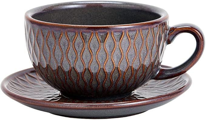 Vintage Design 12 oz Ceramic Latte Art Cappuccino Barista Cup with Saucer (Embossed Grey)