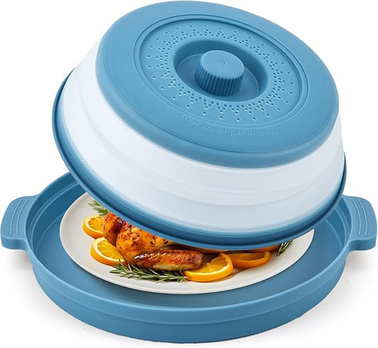Microwave Cover for Food & Anti-scald Base,Large Collapsible Microwave Splatter Cover,Plastic & Silicone Vented Guard Lid for Meal, Plate Holder & Kitchen Colander(Blue)