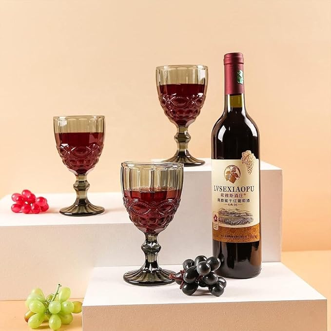 Joeyan Green Vintage Wine Glasses,Clear Water Goblet Glasses with Embossed Serpentine Pattern,Stemmed Colored Glassware Set for Wedding Party Banquet Feast,10 oz,Set of 4,Dishwasher Safe