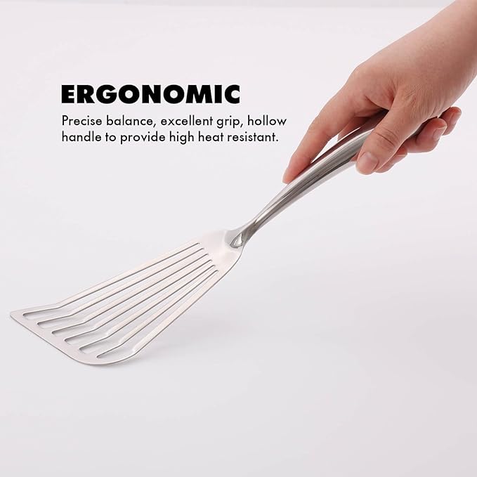 18/10 Stainless Steel Fish Spatula Set – 2 PCS All Metal Fish Spatula Turner, Shining Slotted Spatulas Set for Kitchen Use, Mirror Polished, Heavy-duty, Dishwasher Safe