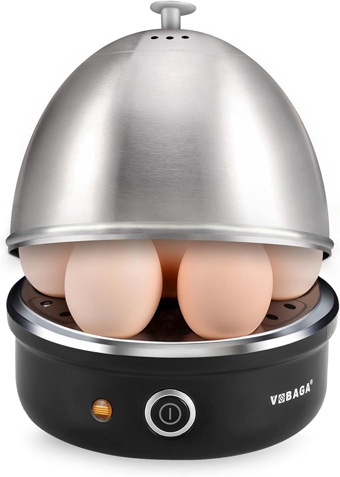VOBAGA Electric Egg Cooker, Rapid Egg Boiler with Auto Shut Off for Soft, Medium, Hard Boiled, Poached, Steamed Eggs, Vegetables and Dumplings, Stainless Steel Tray with 7-Egg Capacity (Black)