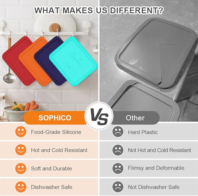 Sophico 11 Cup Rectangle Silicone Storage Cover Lids Replacement for Pyrex 7212-PC Glass Bowls, Container not Included (ORANGE-2PACK)