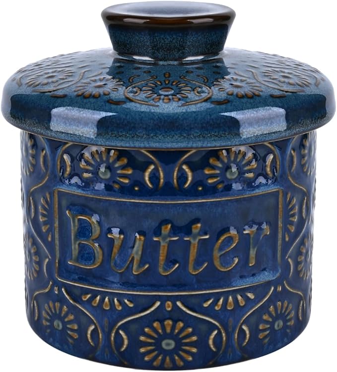Butter Crock, Ceramic French Butter Dish with Lid for Countertop, Butter Keeper with Water Line for Fresh Spreadable Butter (Vintage Blue)
