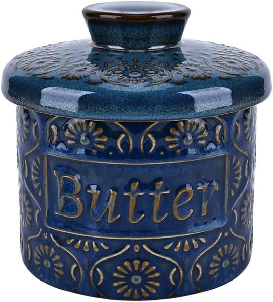 Butter Crock, Ceramic French Butter Dish with Lid for Countertop, Butter Keeper with Water Line for Fresh Spreadable Butter (Vintage Blue)