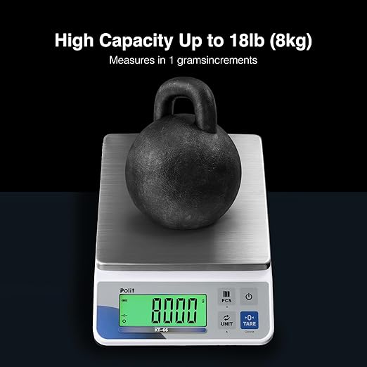 Polit KT-66 Digital Kitchen Scale 18lb/8000g｜0.02oz/0.5g Precision Food Scale with LCD Display｜Battery or Plug-in｜Stainless Steel Top｜Grams & Ounces｜5 Units for Baking, Cooking, Farming & Shipping