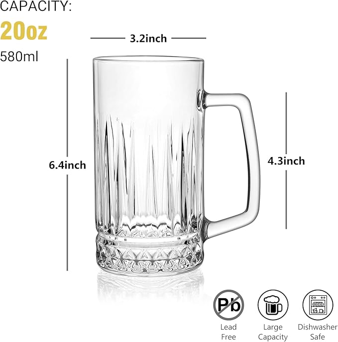 Beer Mug Set of 2, 20oz Crystal Beer Glasses with Handle, Glass Beer Mugs for Freezer, Gifts for Men