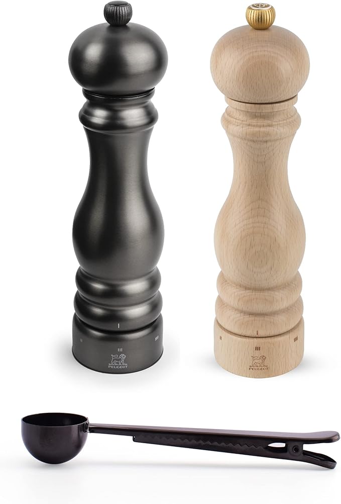Peugeot Paris Chef Carbone u'Select Stainless Steel 22cm 9 inch Carbon Finish Pepper Mill w/Natural Wood Salt Mill- With Stainless Steel Spice Scoop/Bag Clip