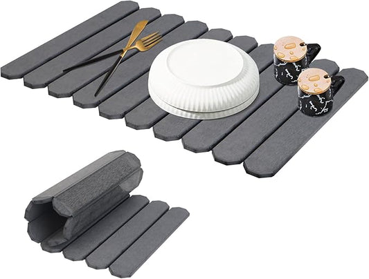 Stone Drying Mat For Kitchen Counter, 24"(L)×16"(W) Large Stone Dish Drying Mat Foldable, Quick Dry Water Absorbent Diatomaceous Earth Dishes Mat for Cups and Bottles, Grey