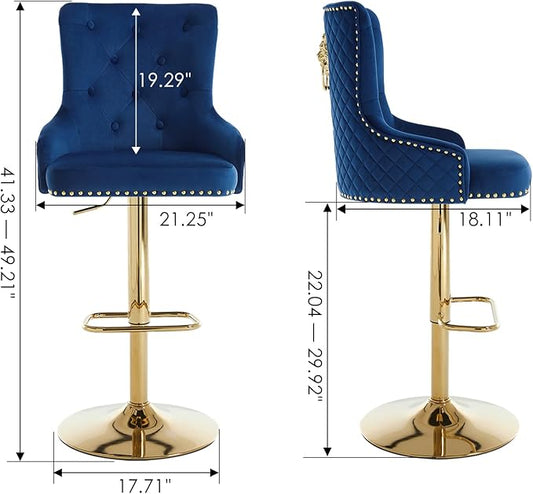 Velvet Gold Barstools Set of 2, Modern Counter Height Adjustable Swivel Stools Chairs with High Tufted Backrest Golden Base Lion Pull Ring Diamond Pattern Rivet Trim for Kitchen (Dark Blue)