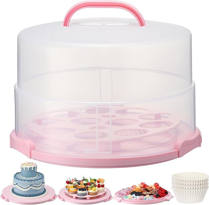 12 Inch Large Cake Carrier with Lid and Handle for 12" Round 7" High Cake Adjustable Plastic Pies Carrier Portable Cupcakes Transport Container for Cookies Pizza and More(Pink)