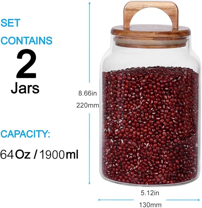 SAIOOL Canister Set of 2, Glass Kitchen Canisters with Airtight Acacia Lid, Tall Clear Airtight Food Storage Jar, Kitchen Pantry Storage Container for Noodles Flour Cereal Coffee