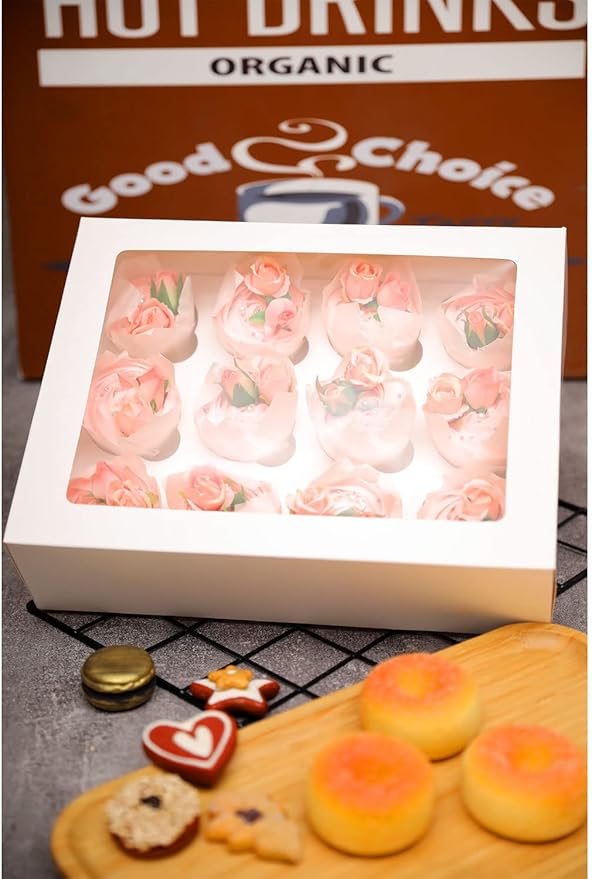 Bakepacker Auto-pop up 12 Cupcake Containers 6-Packs White Cupcakes Carrier, 12 Cupcake Boxes with Window 13"x10"x3.5"