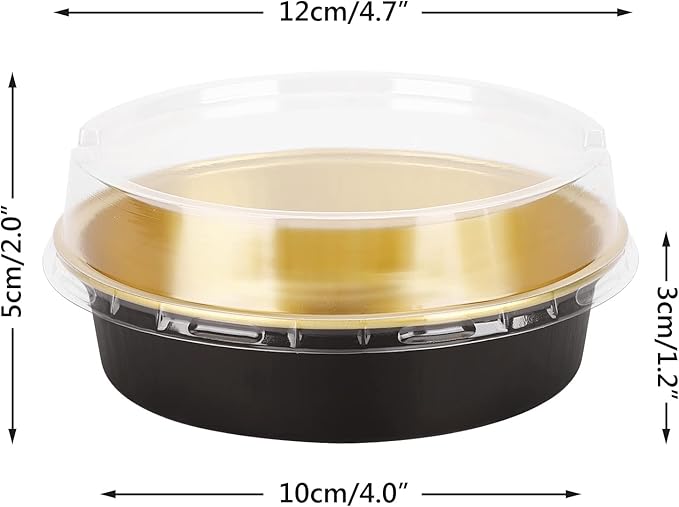 Beasea Aluminum Cupcake Pans With Lids, 4 Inch 50 Pack Disposable Pie Pans For Cake, 8 Oz Aluminum Pie Pan Tin Black Golden Tart Pans Round Oven Baking Mini Cake Pan For Pie Tart Quiche