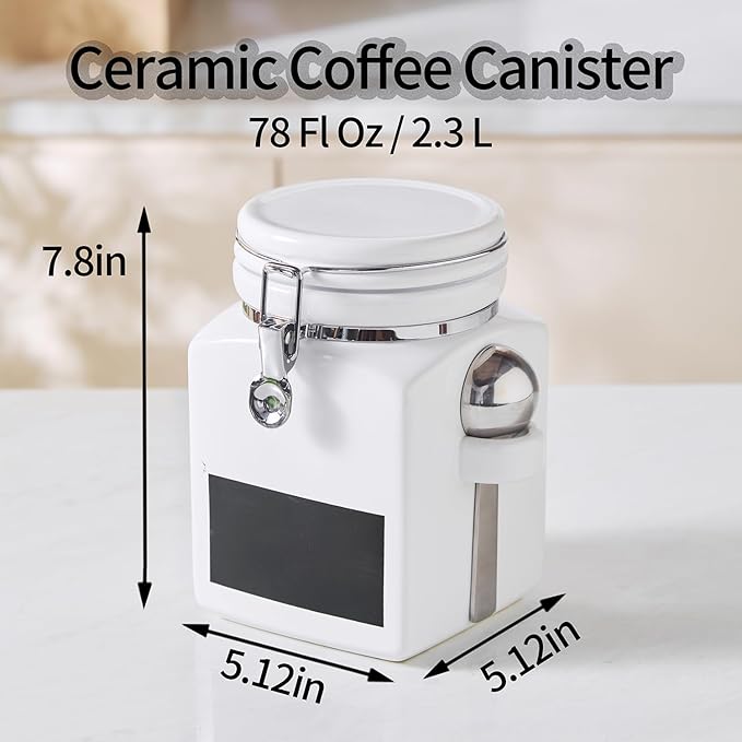 Ceramic Coffee Canister with Airtight Lid and Scoop, Large 78 Fl Oz / 2.3 L Kitchen Food Storage Container Jar for Grounds Coffee, Beans, Tea, Sugar, Flour, Cereal, Nuts, Cookie, White