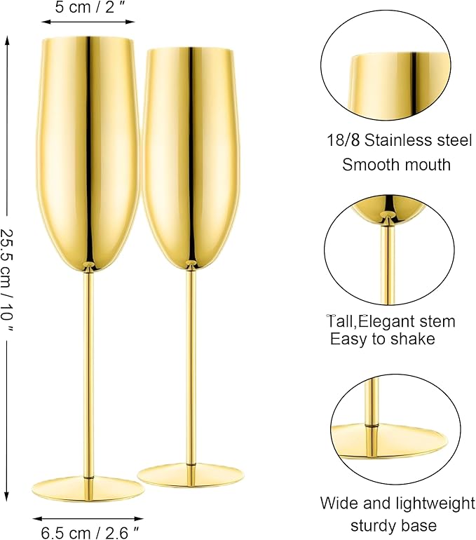 Champagne Glasses Set of 2 Stainless Steel Champagne Flutes Wedding Gifts for Bride 8.5 oz Unbreakable Gold Champagne Glasses for Party Wedding Christmas Anniversary Brithday