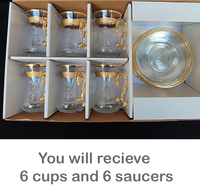 Gold Vintage Turkish Moroccan Persian Arabic Tea Glasses Cups and Saucers Set of 6 Drinking Glassware Party Adults Fancy Coffee Drinks Kettle Women Teacup Handle Drinkware Teapot