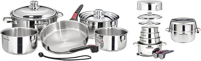 Magma 10 Piece Gourmet Nesting Stainless Steel Cookware Set, Induction Compatible, Oven Safe to 500°F - Suitable for All Stovetops, Removable Handles, Silver