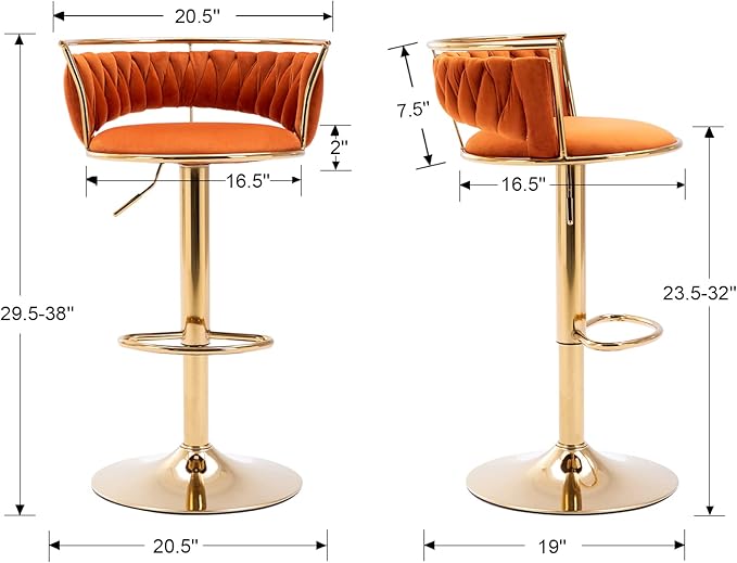 LukeAlon Velvet Adjustable Barstools Set of 4, Modern 360° Swivel Counter Stools with Golden Base Upholstered Open Back Tall Bar Chairs with Footrest for Home Kitchen, Orange