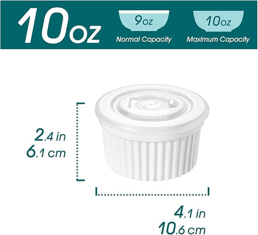 vancasso 10 oz Ramekins with Lid, Porcelain Creme Brulee Souffle Dishes, White Pudding Custard Cups Ramiken for Baking, Dishwasher and Oven Safe, Set of 6