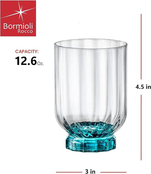 Bormioli Rocco Florian 12.6 oz. Double Old Fashioned DOF Glasses, Lucent Blue, Set of 4