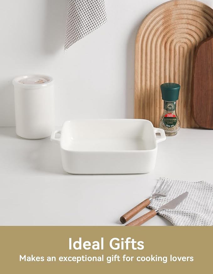 Sweejar 8x8 Baking Pan,Ceramic Casserole Dishes for Oven with Double Handles，2 QT Square Cake Baking Dish for Brownie,Lasagna,Casseroles,Family Dinner(White)