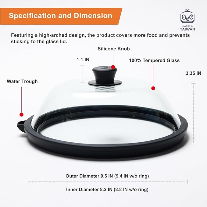 OEC Lightweight Tempered Glass Lid with Water Inlet – Food Splatter Cover, Food-Grade & BPA-Free, Fits Most Plates and Bowls (9.5")