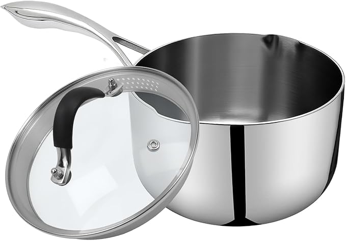 Woogim Thickened Stainless Steel Saucepan Milk Pot Glass Lid Included,Ergonomic Curved Handle with Strainer Holes and Pour Spout,2 Quart Sauce Pan,Suitable for Various Cooking Needs