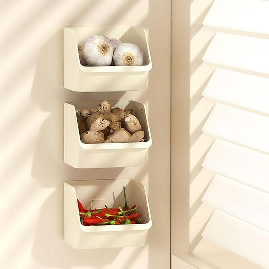 3 Pack Wall Mounted Storage Organizer Bins, Floating Shelves Fridge Organizer Storage Bins, Stackable Organizer Basket for Wall, Refrigerator, Kitchen, Bathroom, Countertops, Pantry (White)