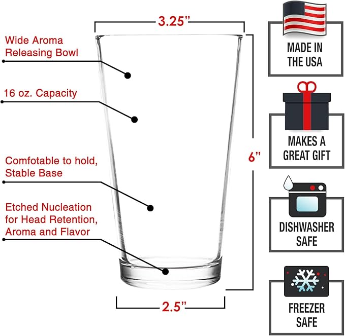 DU VINO Classic Nucleated Pint Glass Set for Better Head Retention, Aroma and Flavor- 16 oz Ultimate Pint Glass for Beer Drinking- Beer Glasses For Men- Cool Beer Glass USA Made- 4 Pack