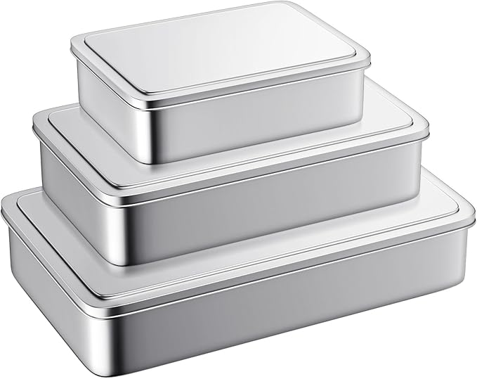 Stainless Steel Cake Pan with Lid, Set of 3 Large Baking Pan, 17/13/11 Inch Baking Sheet Lasagna Pan, Cake Pans with Cover, Rectangle Sheet Roasting Pan, Dishwasher Safe