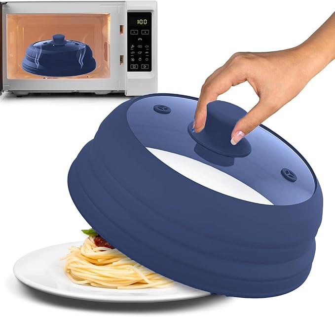 Microwave Splatter Cover Glass 11.8 Inch - Collapsible Microwave Splatter Cover for Plate & Bowl - Tempered Glass Top, Food-Grade Silicone Dome with Heating Vents & Heat-Safe Handle (BLUE DARK)