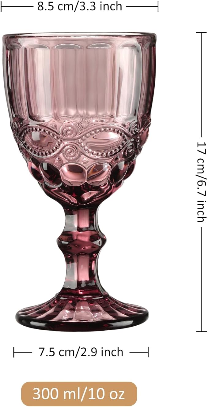Joeyan Purple Vintage Wine Glasses,Clear Water Goblet Glasses,Stemmed Drinking Glasses with Embossed Pattern,Colored Glassware Set for Wedding Party Banquet Feast,10 oz,Set of 4,Dishwasher Safe