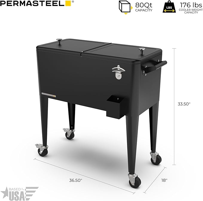Permasteel 80 Quart Party Cooler, Rolling Ice Chest with Wheels and Handles for Indoor Outdoor Patio