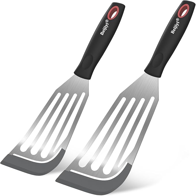 Beijiyi Heat Resistant Silicone Fish Spatulas, 2-Piece Slotted Fish Turner Spatula Set for Non Stick Frying Pan, Kitchen Cooking Utensils Flexible Thin Egg Flipper, 12.3" & 10.6", Gray Silicone Edge
