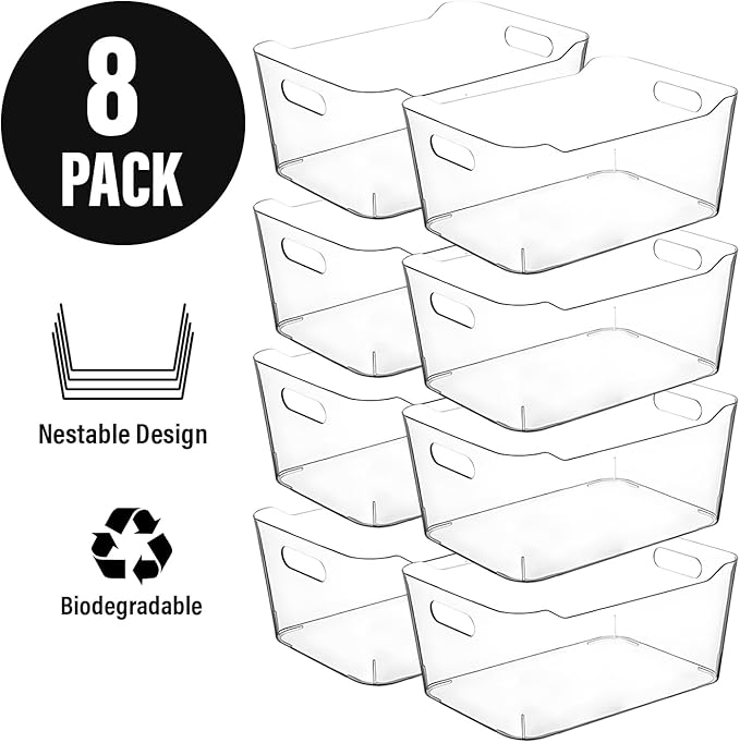Clear storage organizer bins, Medium Kitchen Cabinet Organizers and Storage Baskets Pantry Fridge Containers for Organizing Cabinet Organization Perfect for Foods Snacks Chips Vitamin spices