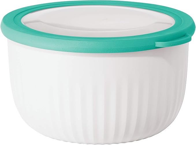 Oggi Prep, Store & Serve Plastic Bowl w/See-Thru Lid- Dishwasher, Microwave & Freezer Safe, (2.6 qt) White/Aqua