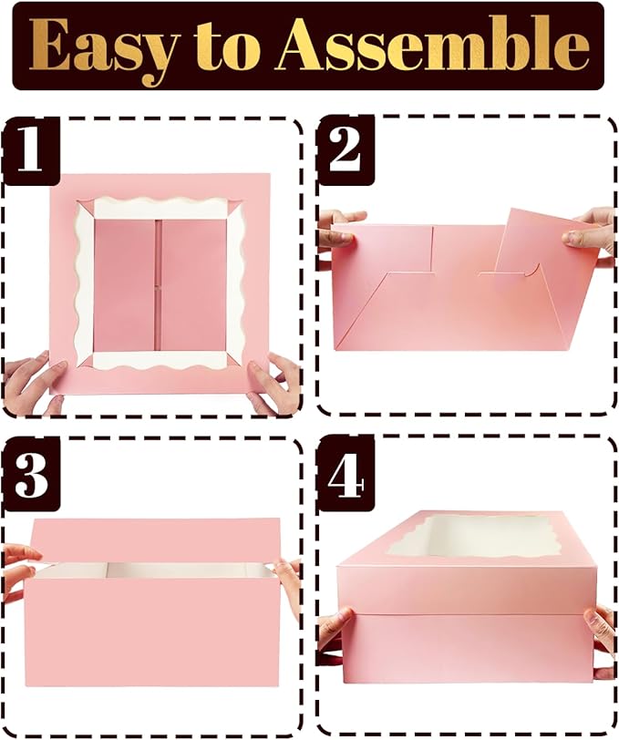 qiqee Pink 12x12x8 Cake Box, 4 Sets Pink Cake Box with Window ＆ 4 Sets 12" Pink Cake Round Boards, 12inch Cake Containers