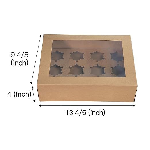 ONE MORE 15-Pack Brown Cupcake Boxes 12 Holders Cake Carrier Food Grade Kraft Pop-up Bakery Boxes 13.8 x 9.5 x 4inch with Inserts and PVC Windows Fits 12 Cavity Cupcake Pack of 15