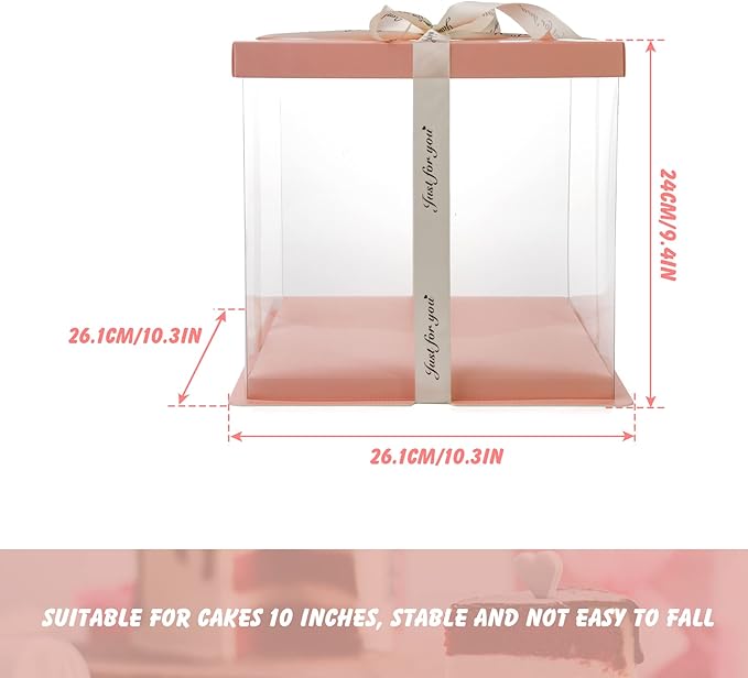 4 Pack Clear Cake Box Carrier 10" X 10" X 9" Cake Packaging Container with Ribbon Transparent Boxes with Lid Gift Package for Birthday Wedding Party, Pink