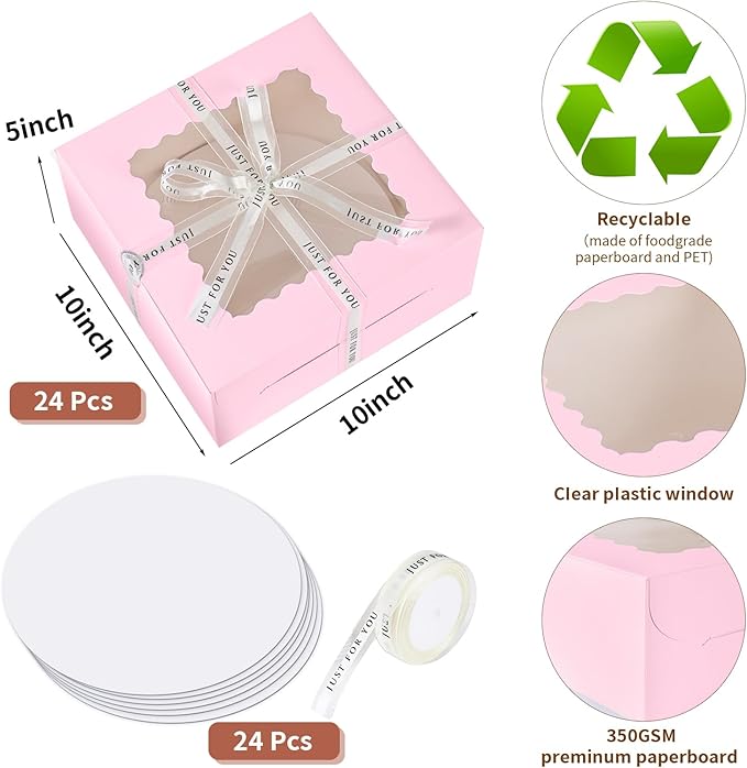 48pcs 10x10x5 Inches Cake Boxes,24pcs Pink Boxes and 24pcs Boards,Cajas Pasteles for Disposable 10 inch Cake box with Window (Pink, 10 * 10 * 5inch/48pcs)