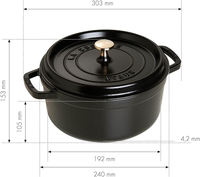 STAUB Cast Iron Roaster/Cocotte, Round, 6.7 L, Black, 28 cm