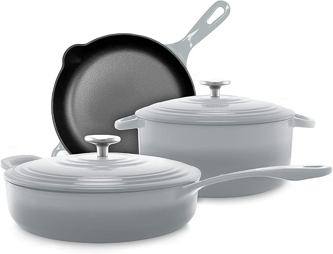 Chantal Enameled Cast Iron Cookware, 5 pc Set, Fade Grey