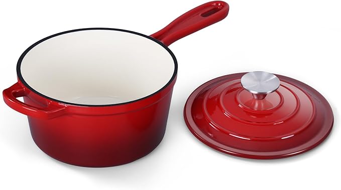 Onader Enameled Cast Iron Sauce Pan, 1QT Small Saucepan with Lid, Cast Iron Sauce Pot Enamel Dutch Oven, Nonstick & Heavy Duty – Red