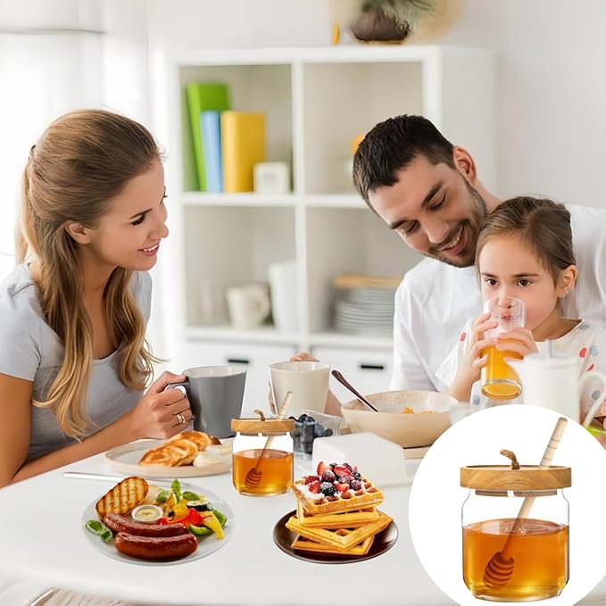 ANSQU 15oz Honey Pot, Airtight Glass Honey Jar with Wooden Lid and Dipper Stick, Honey Container for Storing Honey, Jam Mason Jar for Home Kitchen