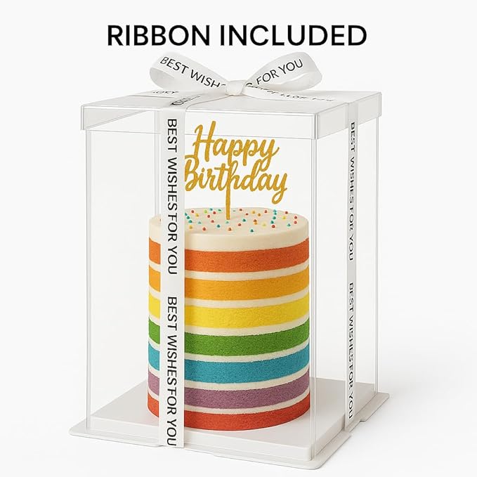 Sweet Degrees Clear Plastic Cake Box 13"x13"x19.5" | Ribbon Included |Tall Square Cake Carrier with Lid | Reusable Display Container for Tiered Cakes | Ideal for Weddings, Events, and Bakeries