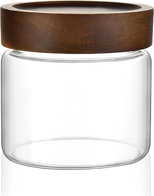 17 oz/500 ml Clear Glass Storage Canister with Airtight Wooden Screw Lid, Small Cute Decorative Glass Container Jar for Coffee,Spice,Candy,Salt,Cookie,Condiment,Pepper,Sugar,Overnight Oatmeal