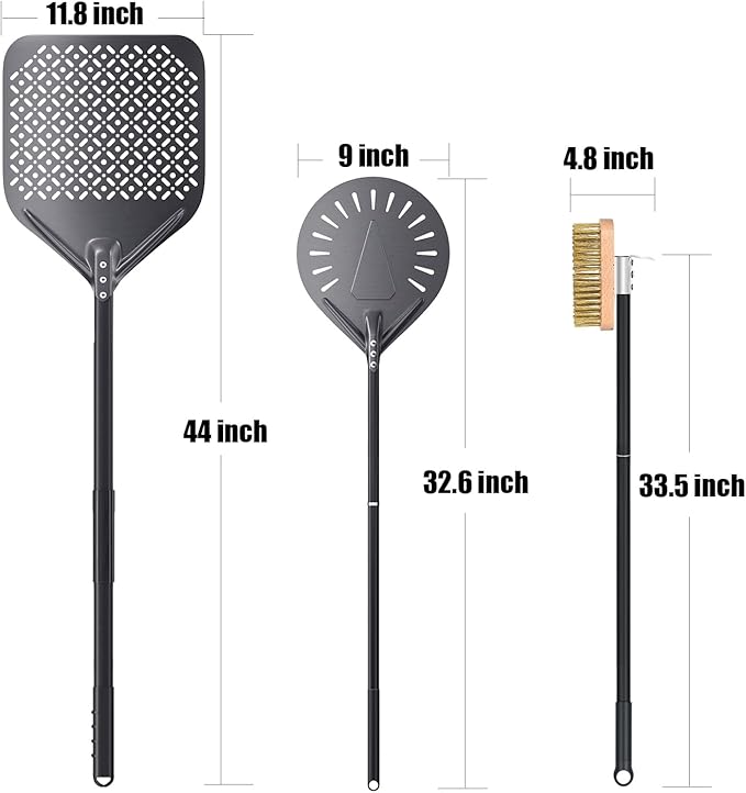 3 Piece Pizza Oven Kit Turning Peel 9 Inch, 12"x14" Aluminum Perforated Pizza Peel, Commercial Oven Brush Accessoires for Home, Restaurant